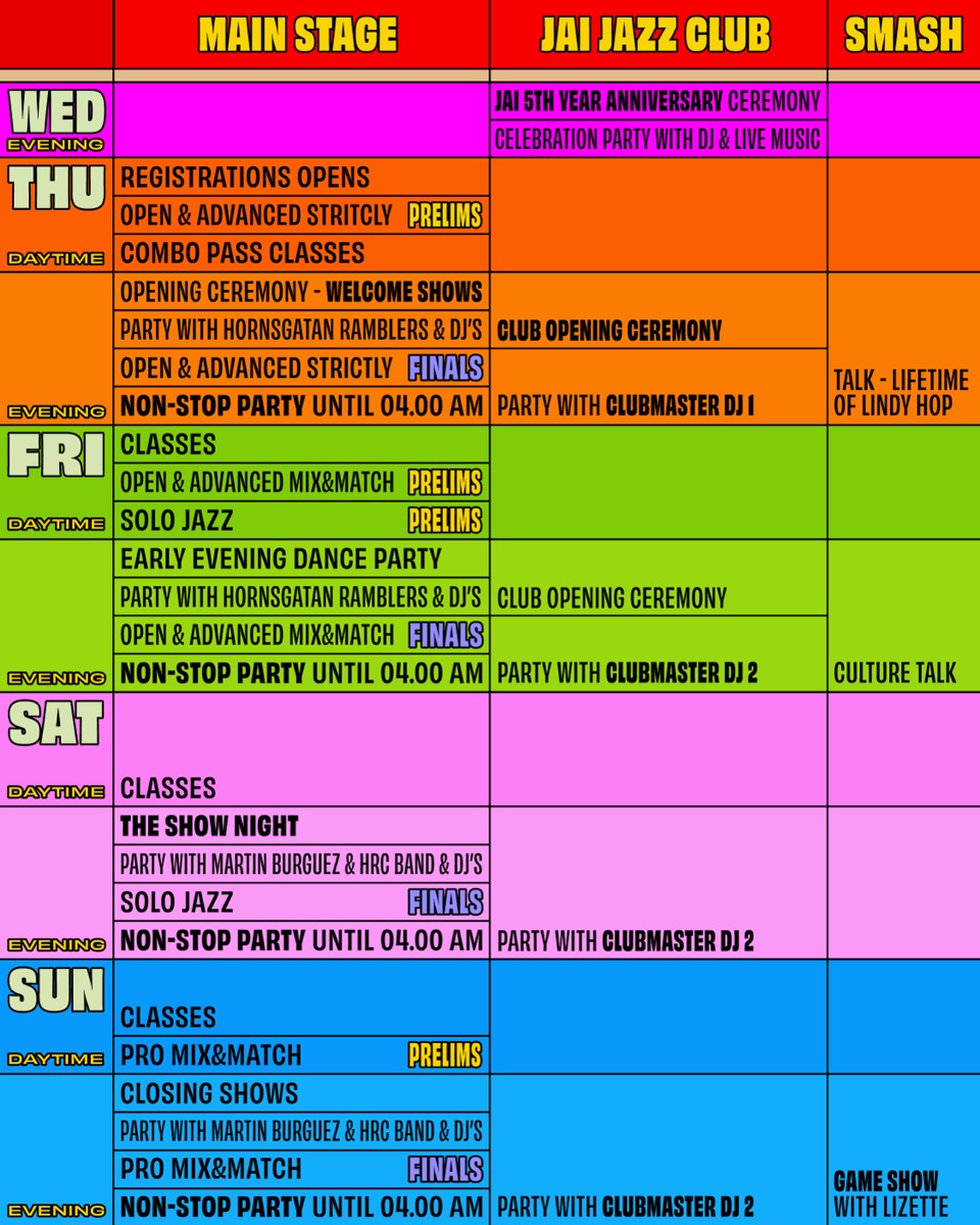 Festival schedule overview, Wednesday to Sunday